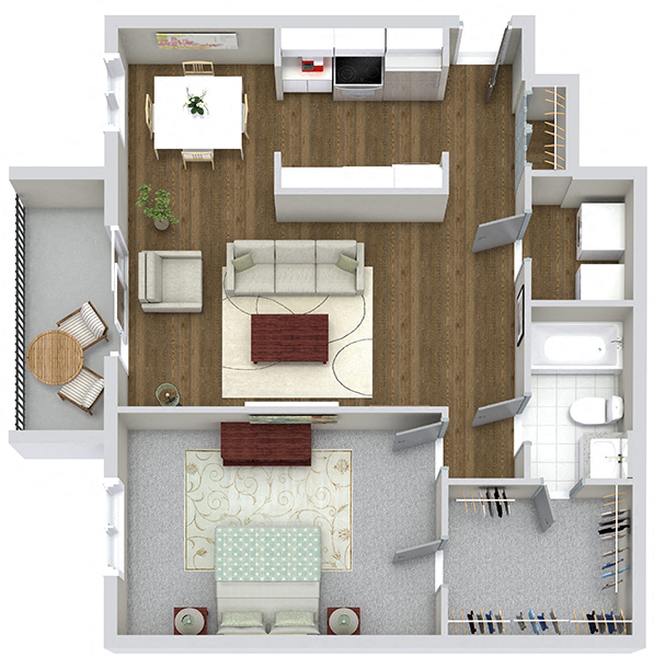 Floor plan for 1 bed, 1 bath, 925 sqft